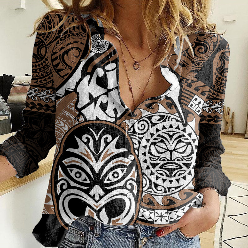 Te Reo Maori New Zealand Women Casual Shirt Aotearoa Kia Haka Maori Tribal Tattoo Gold Style LT9