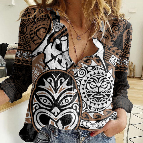 Te Reo Maori New Zealand Women Casual Shirt Aotearoa Kia Haka Maori Tribal Tattoo Gold Style LT9