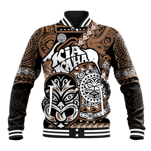 Personalised Te Reo Maori New Zealand Baseball Jacket Aotearoa Kia Haka Maori Tribal Tattoo Gold Style LT9
