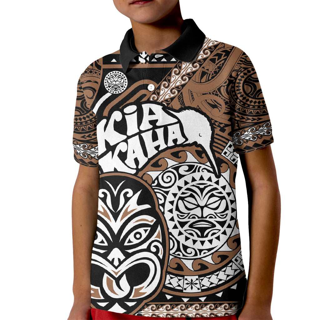 Personalised Te Reo Maori New Zealand Kid Polo Shirt Aotearoa Kia Haka Maori Tribal Tattoo Gold Style LT9