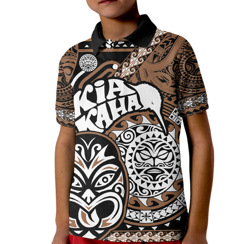 Personalised Te Reo Maori New Zealand Kid Polo Shirt Aotearoa Kia Haka Maori Tribal Tattoo Gold Style LT9