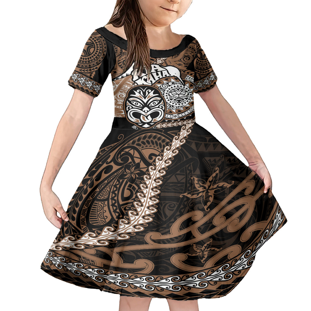 Personalised Te Reo Maori New Zealand Kid Short Sleeve Dress Aotearoa Kia Haka Maori Tribal Tattoo Gold Style LT9