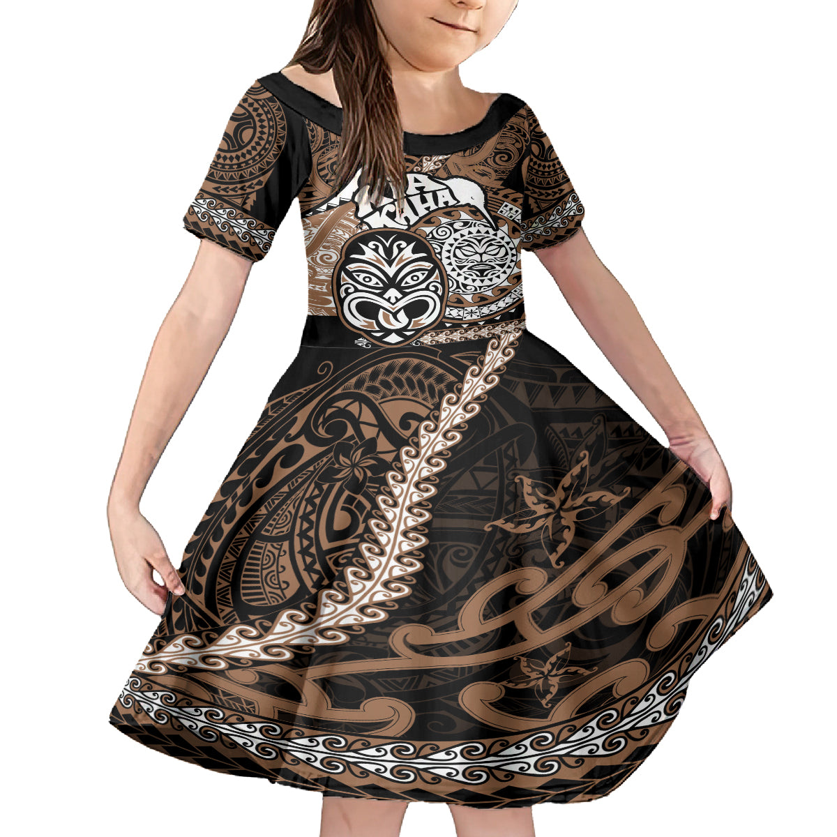 Personalised Te Reo Maori New Zealand Kid Short Sleeve Dress Aotearoa Kia Haka Maori Tribal Tattoo Gold Style LT9
