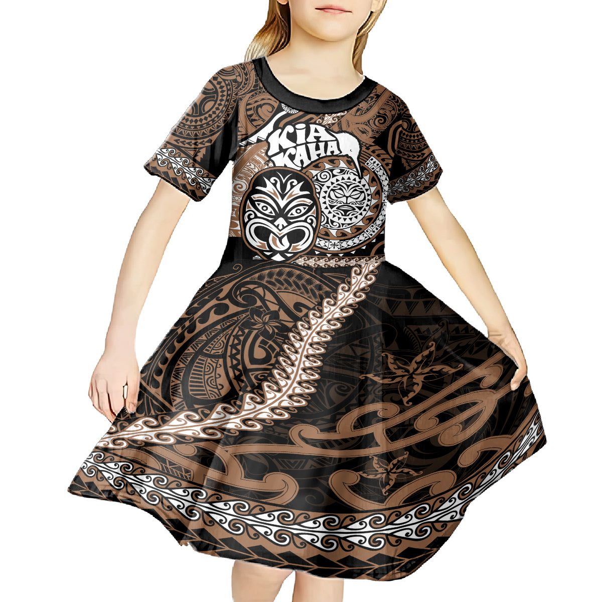 Personalised Te Reo Maori New Zealand Kid Short Sleeve Dress Aotearoa Kia Haka Maori Tribal Tattoo Gold Style LT9