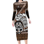 Personalised Te Reo Maori New Zealand Long Sleeve Bodycon Dress Aotearoa Kia Haka Maori Tribal Tattoo Gold Style LT9