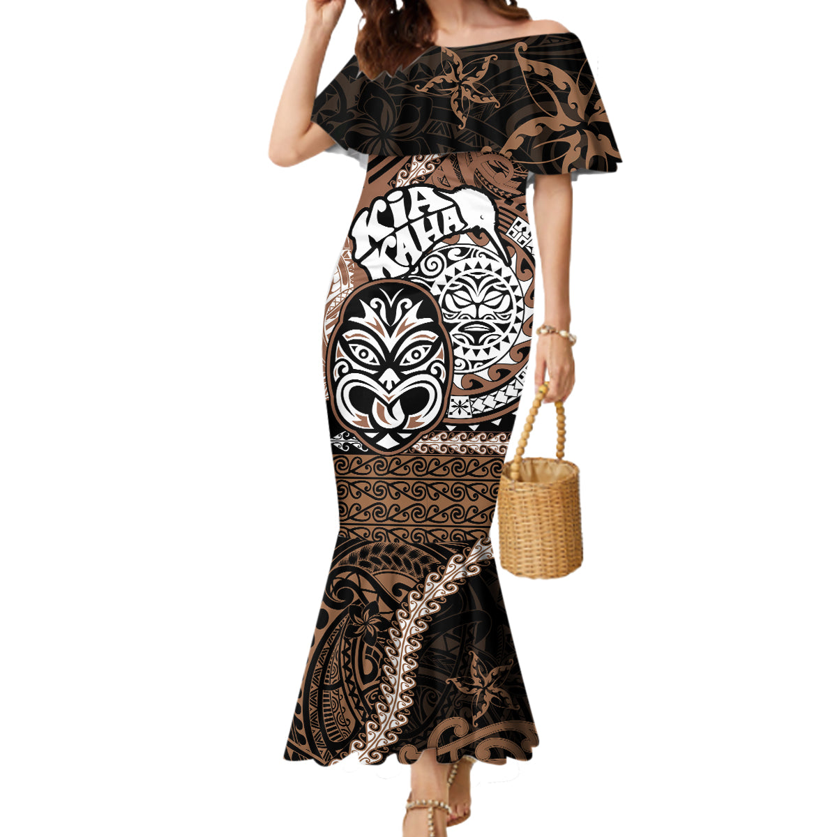 Personalised Te Reo Maori New Zealand Mermaid Dress Aotearoa Kia Haka Maori Tribal Tattoo Gold Style LT9