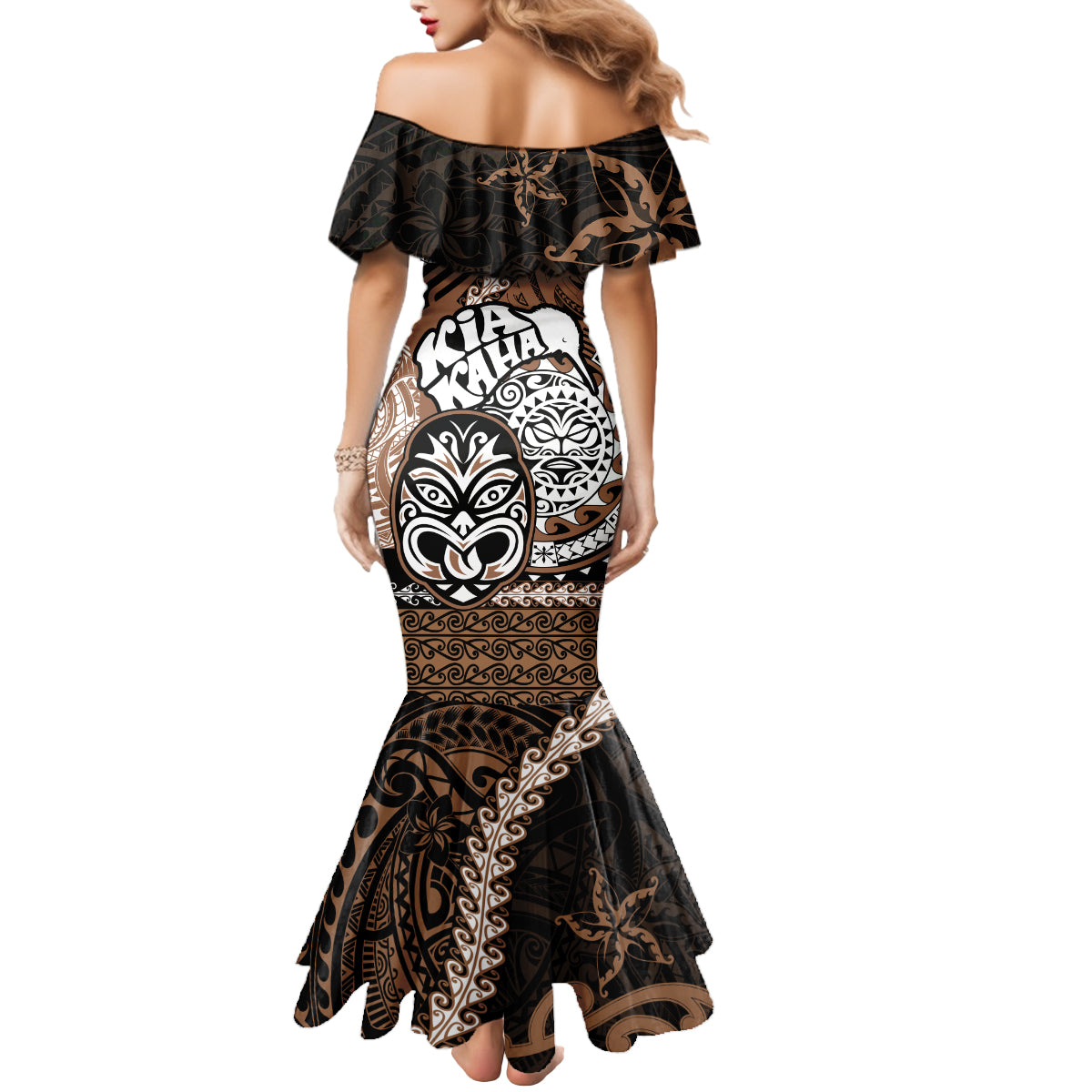 Personalised Te Reo Maori New Zealand Mermaid Dress Aotearoa Kia Haka Maori Tribal Tattoo Gold Style LT9