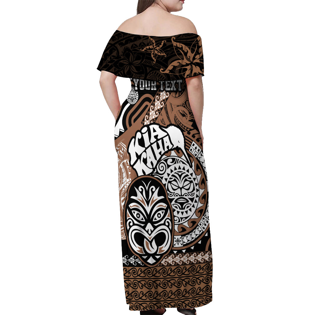 Personalised Te Reo Maori New Zealand Off Shoulder Maxi Dress Aotearoa Kia Haka Maori Tribal Tattoo Gold Style LT9