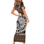 Personalised Te Reo Maori New Zealand Short Sleeve Bodycon Dress Aotearoa Kia Haka Maori Tribal Tattoo Gold Style LT9