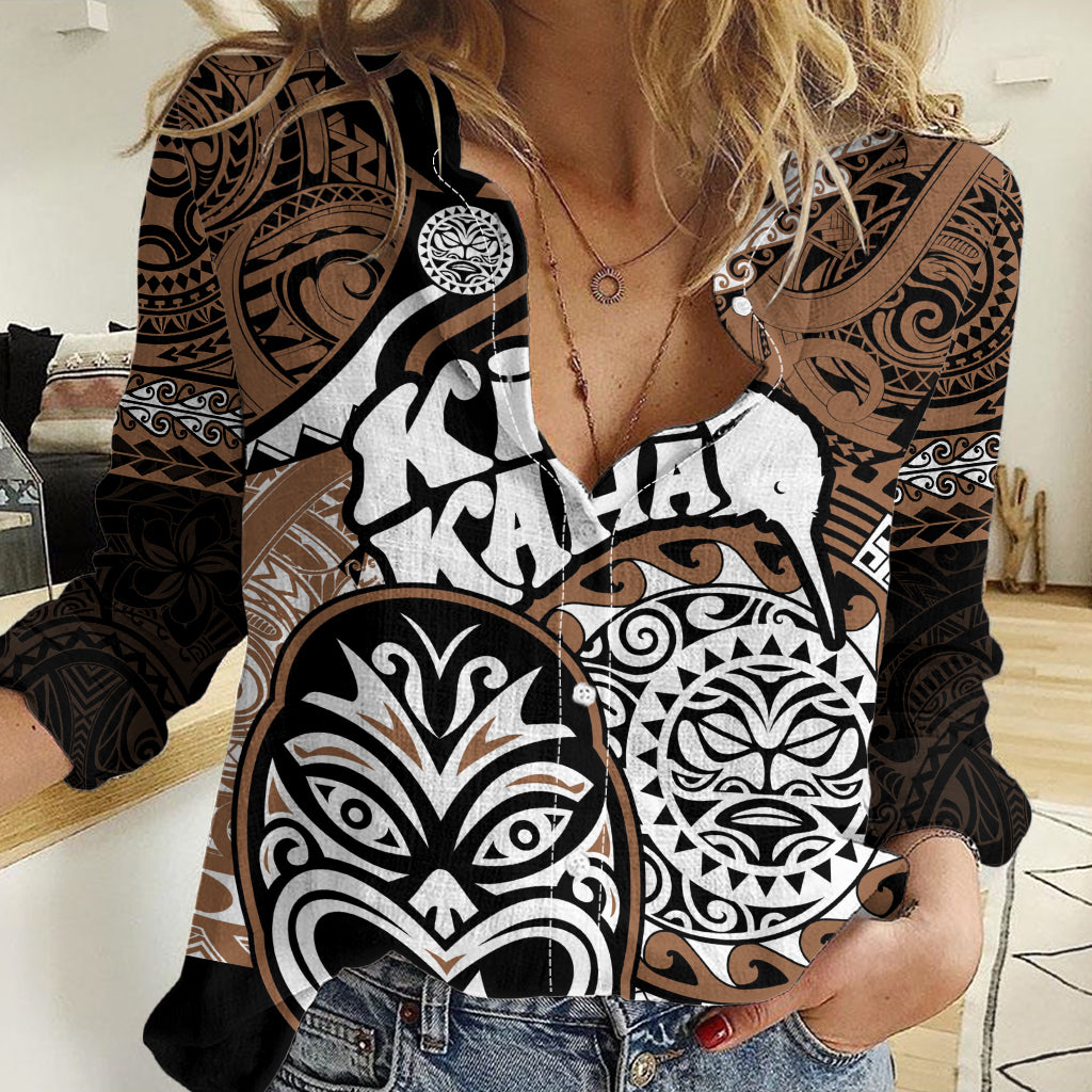 Personalised Te Reo Maori New Zealand Women Casual Shirt Aotearoa Kia Haka Maori Tribal Tattoo Gold Style LT9
