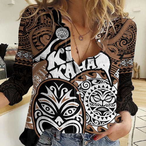 Personalised Te Reo Maori New Zealand Women Casual Shirt Aotearoa Kia Haka Maori Tribal Tattoo Gold Style LT9