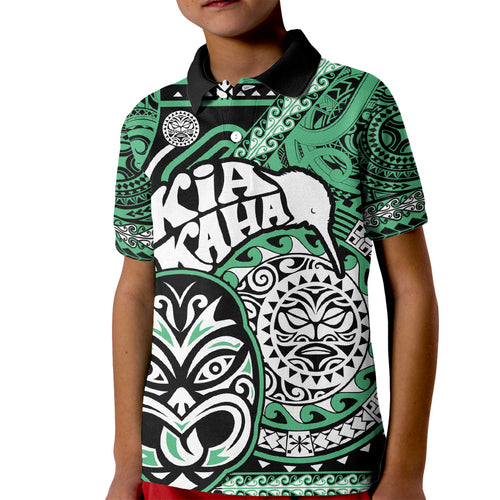 Te Reo Maori New Zealand Kid Polo Shirt Aotearoa Kia Haka Maori Tribal Tattoo Green Style LT9