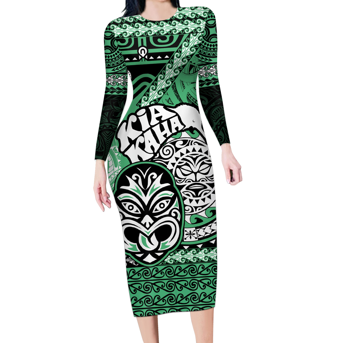Te Reo Maori New Zealand Long Sleeve Bodycon Dress Aotearoa Kia Haka Maori Tribal Tattoo Green Style LT9