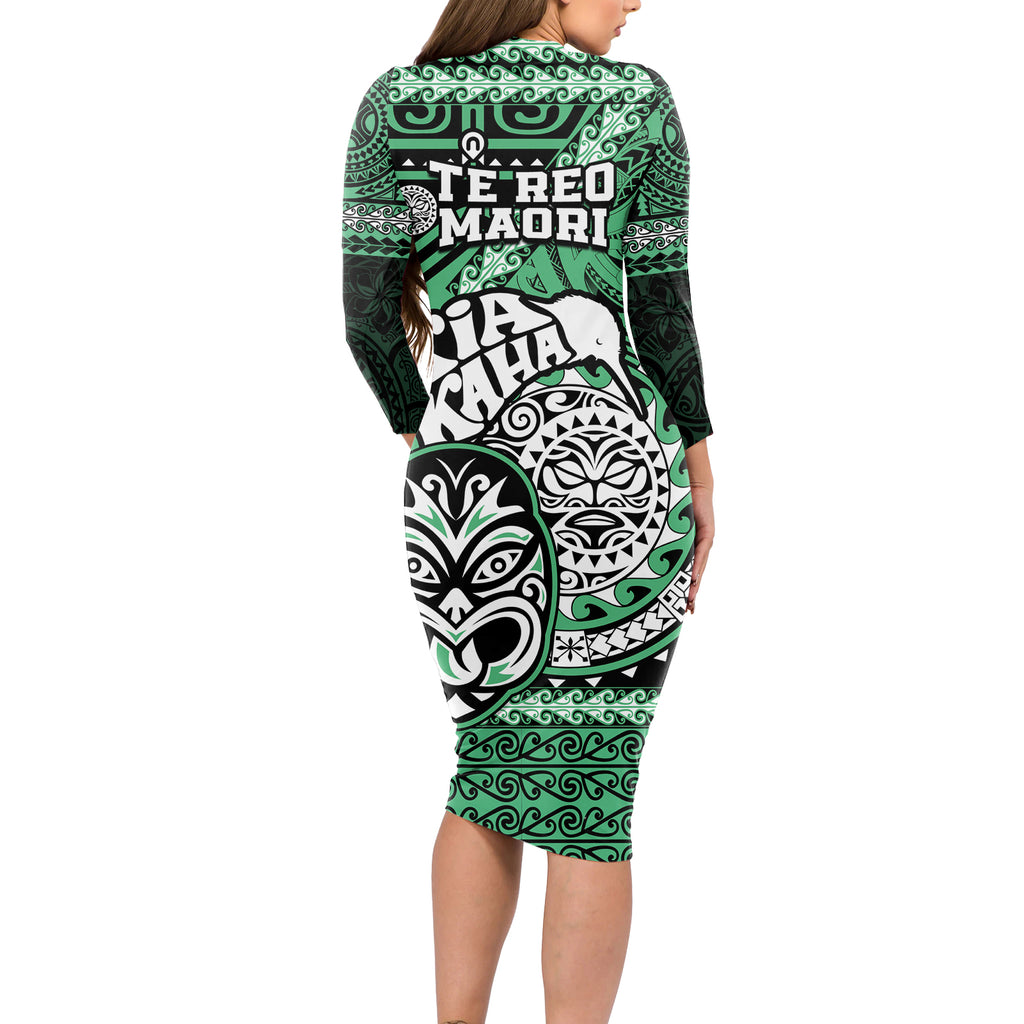 Te Reo Maori New Zealand Long Sleeve Bodycon Dress Aotearoa Kia Haka Maori Tribal Tattoo Green Style LT9