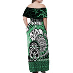 Te Reo Maori New Zealand Off Shoulder Maxi Dress Aotearoa Kia Haka Maori Tribal Tattoo Green Style LT9