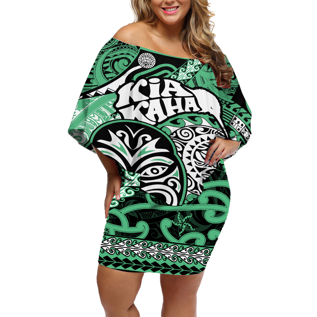 Te Reo Maori New Zealand Off Shoulder Short Dress Aotearoa Kia Haka Maori Tribal Tattoo Green Style LT9