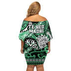 Te Reo Maori New Zealand Off Shoulder Short Dress Aotearoa Kia Haka Maori Tribal Tattoo Green Style LT9