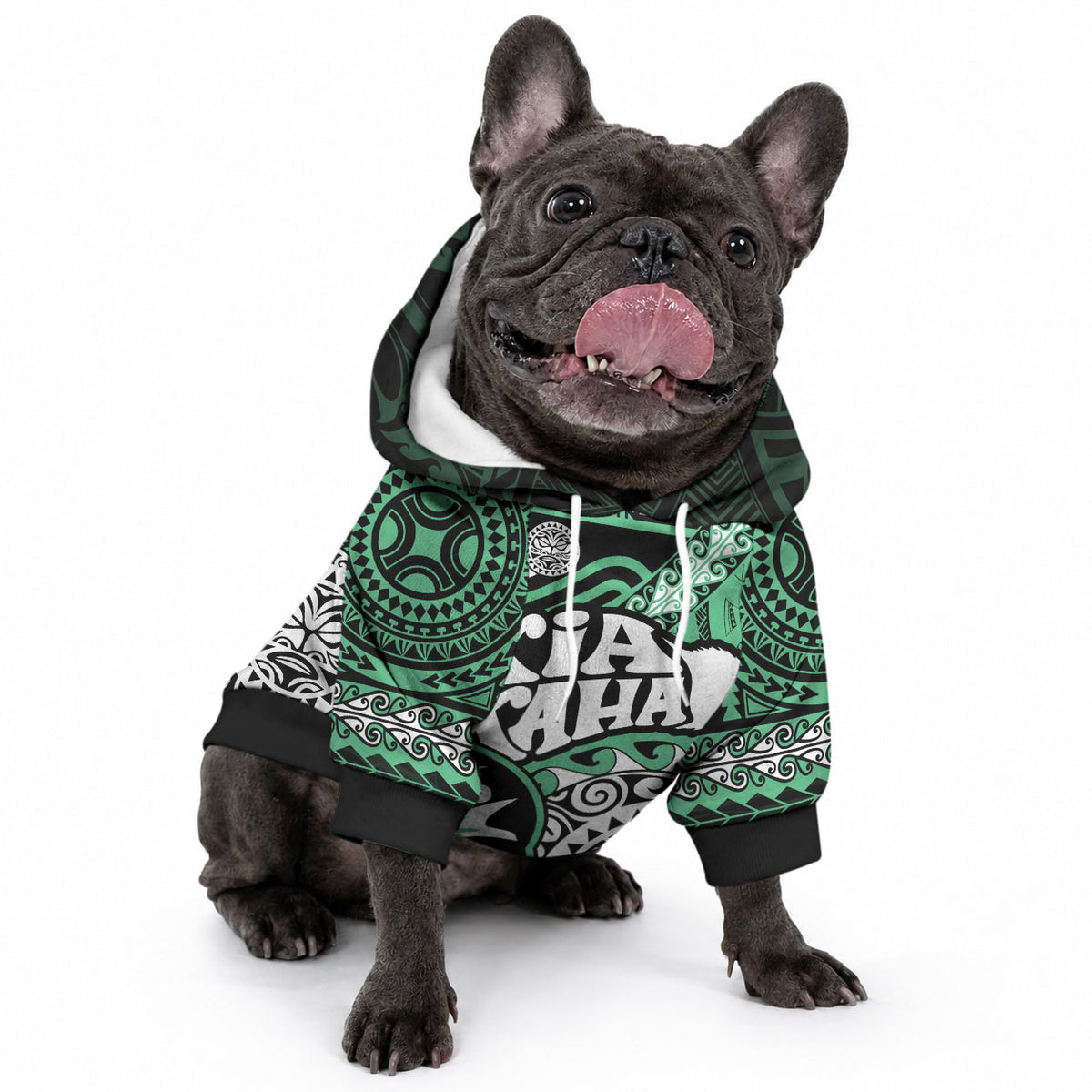 Te Reo Maori New Zealand Pet Hoodie Aotearoa Kia Haka Maori Tribal Tattoo Green Style