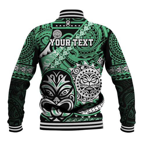 Personalised Te Reo Maori New Zealand Baseball Jacket Aotearoa Kia Haka Maori Tribal Tattoo Green Style LT9