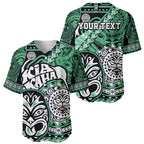 Personalised Te Reo Maori New Zealand Baseball Jersey Aotearoa Kia Haka Maori Tribal Tattoo Green Style LT9