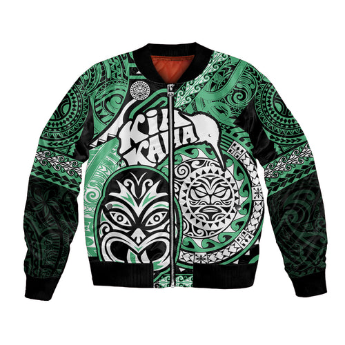 Personalised Te Reo Maori New Zealand Bomber Jacket Aotearoa Kia Haka Maori Tribal Tattoo Green Style LT9