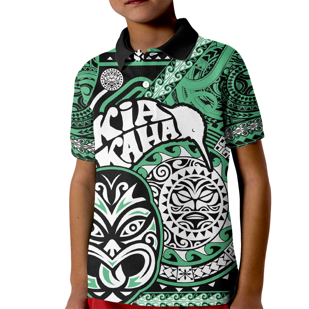 Personalised Te Reo Maori New Zealand Kid Polo Shirt Aotearoa Kia Haka Maori Tribal Tattoo Green Style LT9