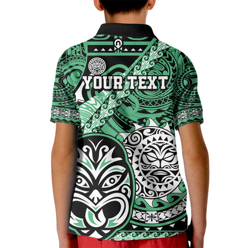 Personalised Te Reo Maori New Zealand Kid Polo Shirt Aotearoa Kia Haka Maori Tribal Tattoo Green Style LT9