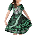 Personalised Te Reo Maori New Zealand Kid Short Sleeve Dress Aotearoa Kia Haka Maori Tribal Tattoo Green Style LT9