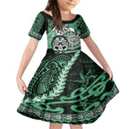 Personalised Te Reo Maori New Zealand Kid Short Sleeve Dress Aotearoa Kia Haka Maori Tribal Tattoo Green Style LT9