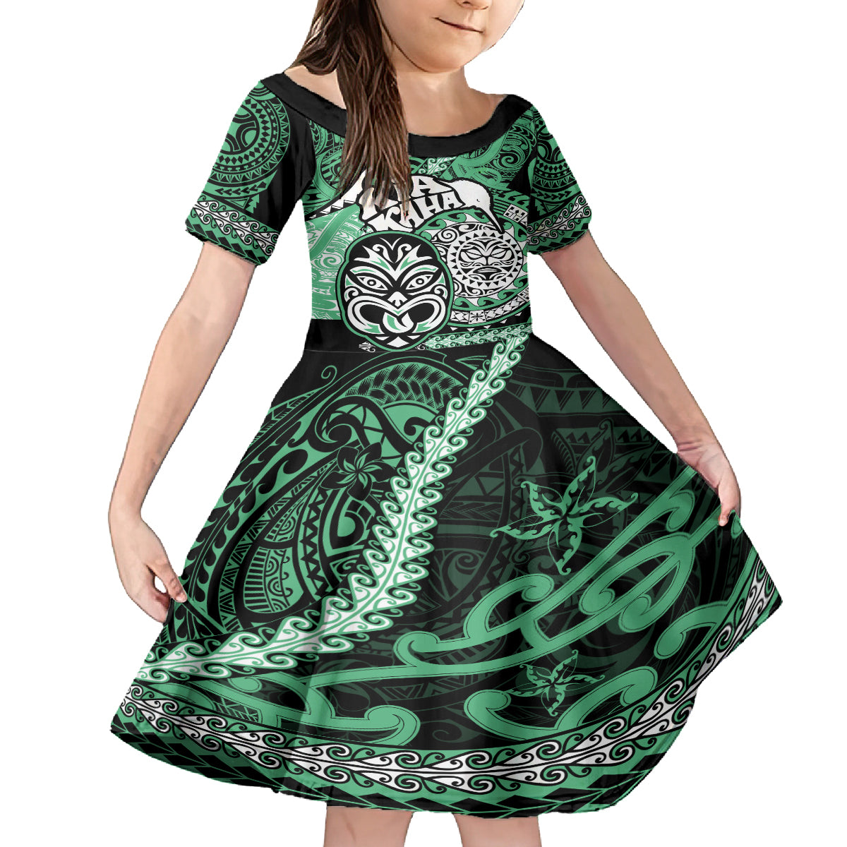 Personalised Te Reo Maori New Zealand Kid Short Sleeve Dress Aotearoa Kia Haka Maori Tribal Tattoo Green Style LT9