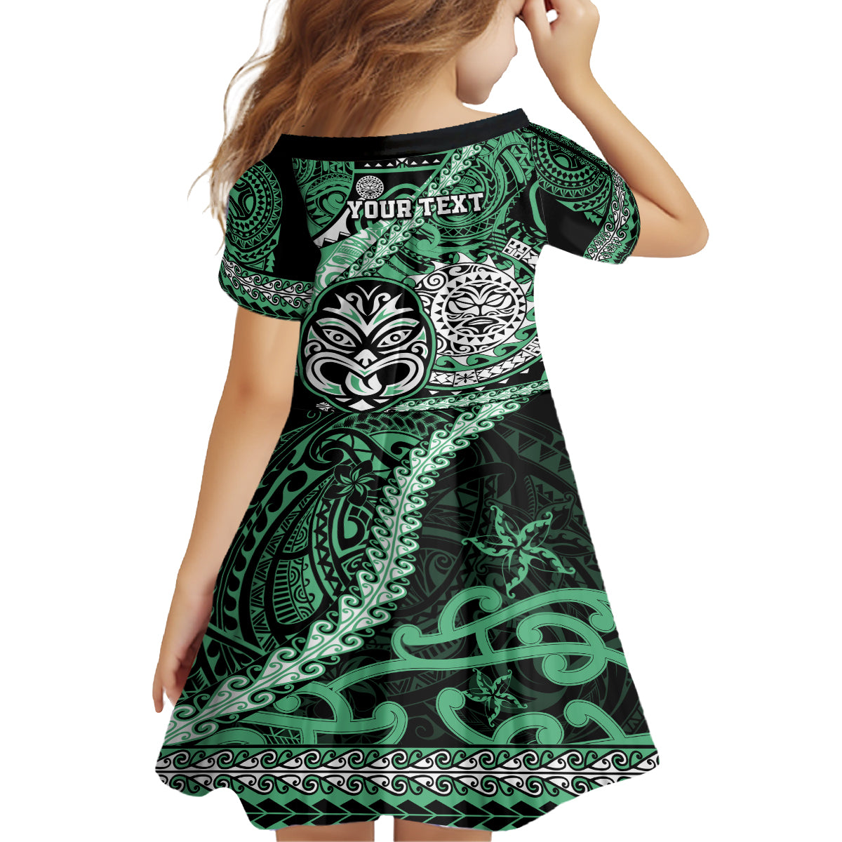 Personalised Te Reo Maori New Zealand Kid Short Sleeve Dress Aotearoa Kia Haka Maori Tribal Tattoo Green Style LT9