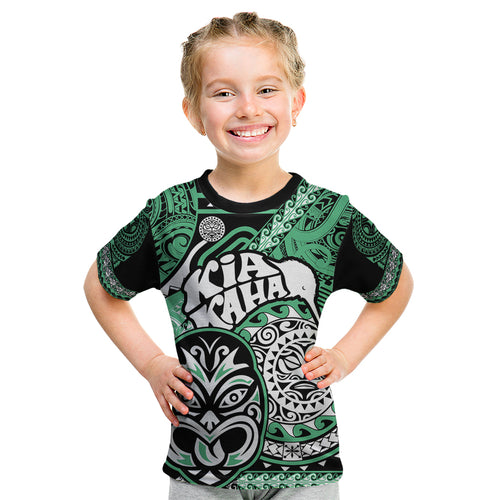 Personalised Te Reo Maori New Zealand Kid T Shirt Aotearoa Kia Haka Maori Tribal Tattoo Green Style LT9
