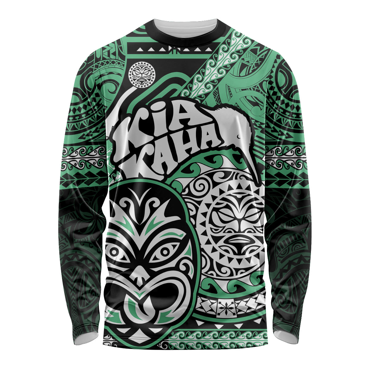Personalised Te Reo Maori New Zealand Long Sleeve Shirt Aotearoa Kia Haka Maori Tribal Tattoo Green Style LT9