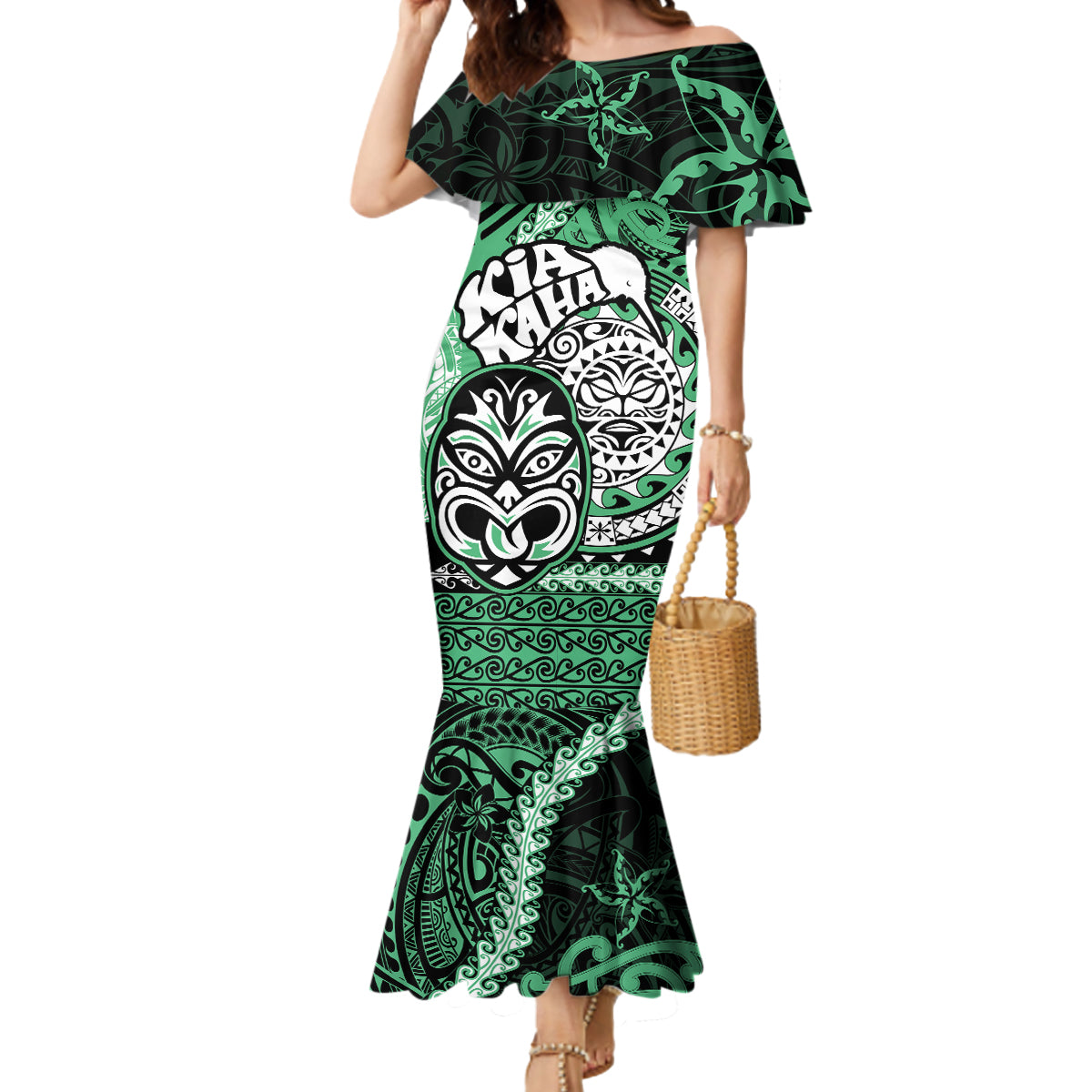 Personalised Te Reo Maori New Zealand Mermaid Dress Aotearoa Kia Haka Maori Tribal Tattoo Green Style LT9