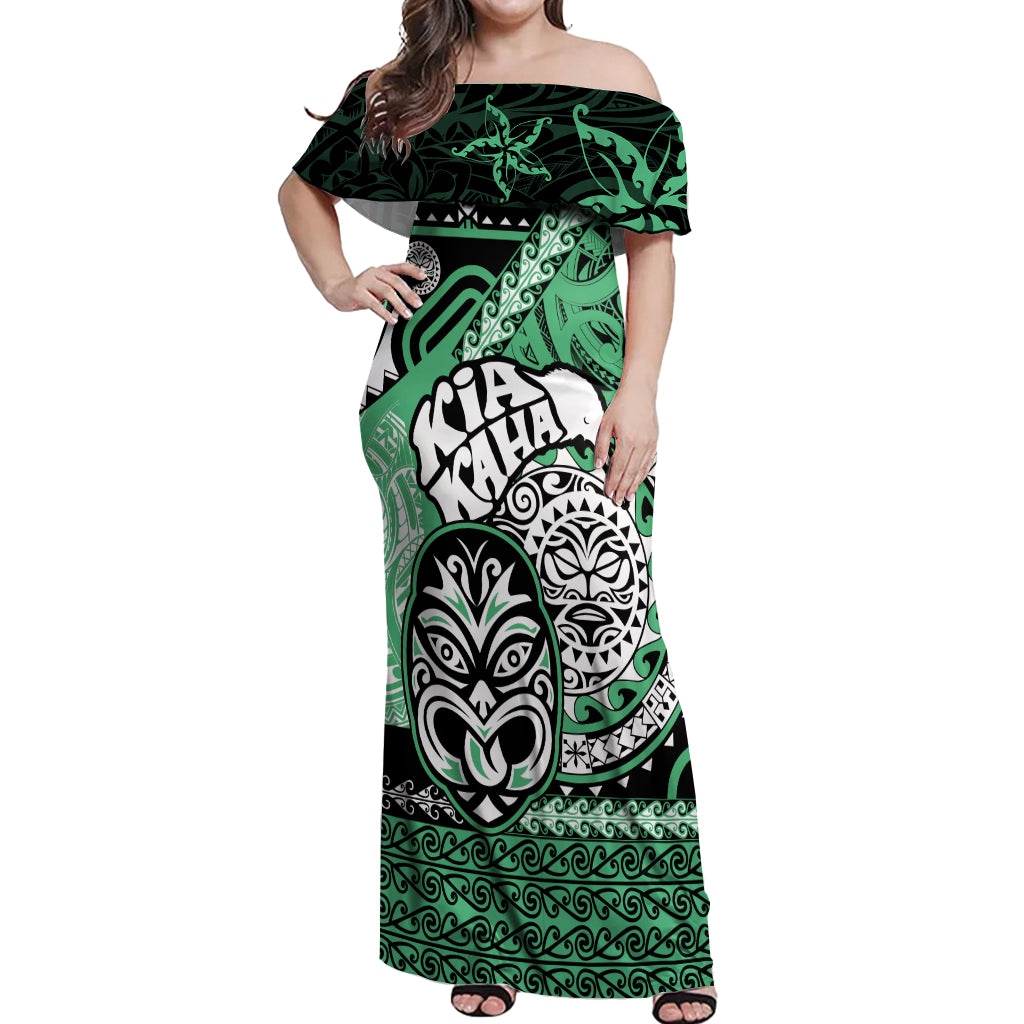 Personalised Te Reo Maori New Zealand Off Shoulder Maxi Dress Aotearoa Kia Haka Maori Tribal Tattoo Green Style LT9