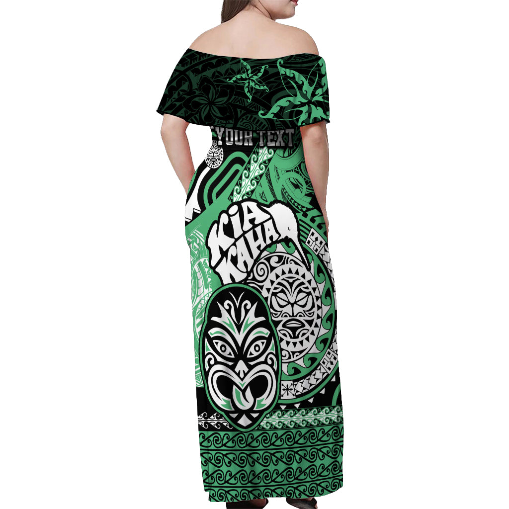 Personalised Te Reo Maori New Zealand Off Shoulder Maxi Dress Aotearoa Kia Haka Maori Tribal Tattoo Green Style LT9