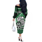Personalised Te Reo Maori New Zealand Off The Shoulder Long Sleeve Dress Aotearoa Kia Haka Maori Tribal Tattoo Green Style LT9