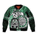 Personalised Te Reo Maori New Zealand Sleeve Zip Bomber Jacket Aotearoa Kia Haka Maori Tribal Tattoo Green Style LT9