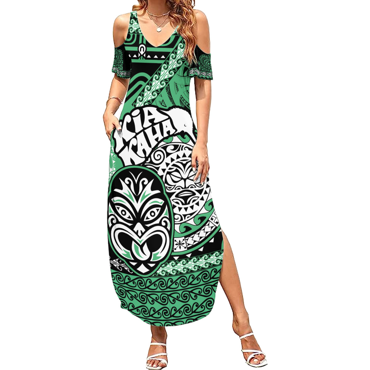 Personalised Te Reo Maori New Zealand Summer Maxi Dress Aotearoa Kia Haka Maori Tribal Tattoo Green Style LT9