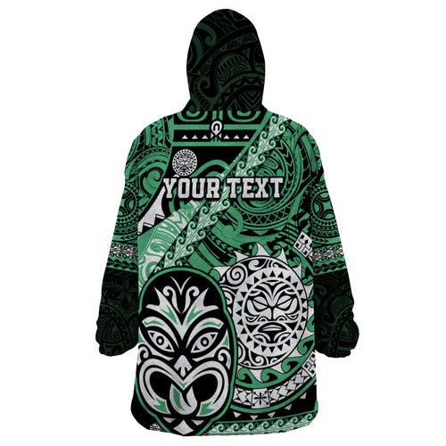 Personalised Te Reo Maori New Zealand Wearable Blanket Hoodie Aotearoa Kia Haka Maori Tribal Tattoo Green Style LT9