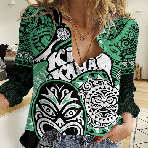Personalised Te Reo Maori New Zealand Women Casual Shirt Aotearoa Kia Haka Maori Tribal Tattoo Green Style LT9