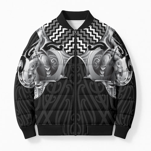 Aotearoa Kowhaiwhai Poutama Black Motif Bomber Puffer Jacket