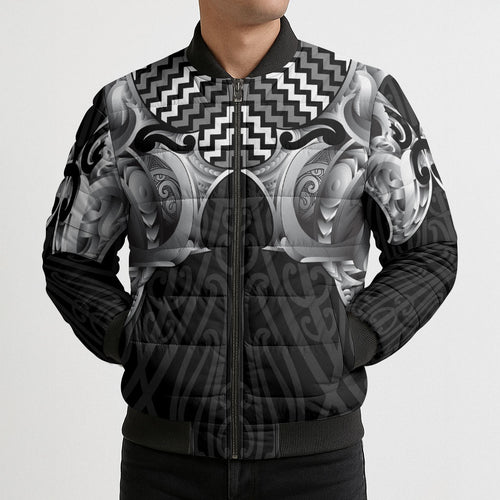 Aotearoa Kowhaiwhai Poutama Black Motif Bomber Puffer Jacket