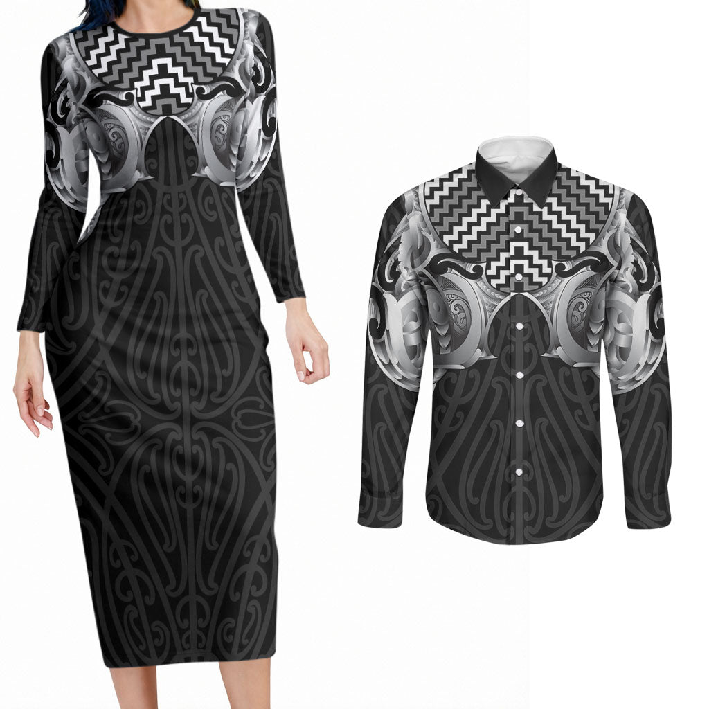 Aotearoa Kowhaiwhai Poutama Black Motif Couples Matching Long Sleeve Bodycon Dress and Long Sleeve Button Shirt