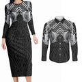 Aotearoa Kowhaiwhai Poutama Black Motif Couples Matching Long Sleeve Bodycon Dress and Long Sleeve Button Shirt