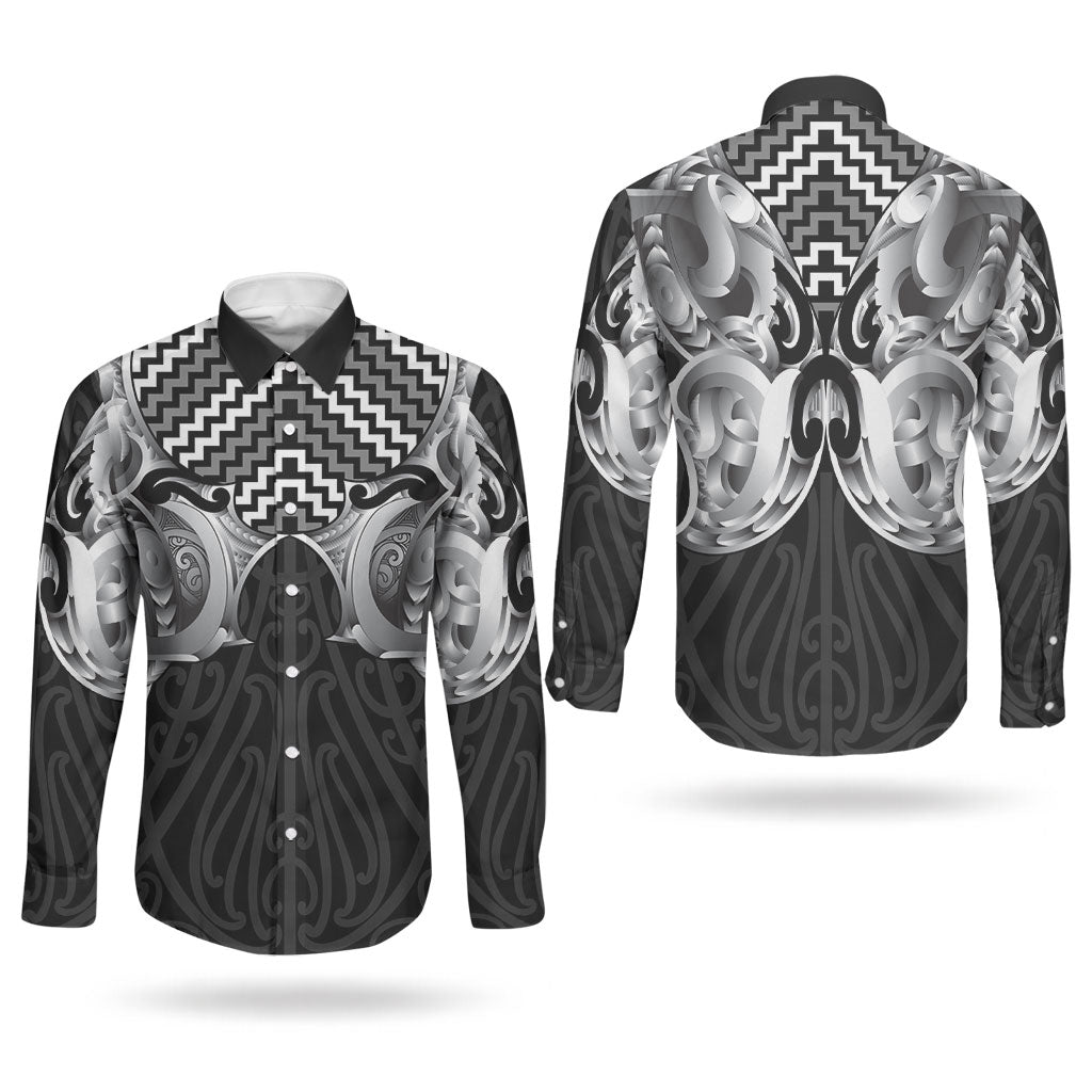 Aotearoa Kowhaiwhai Poutama Black Motif Couples Matching Long Sleeve Bodycon Dress and Long Sleeve Button Shirt