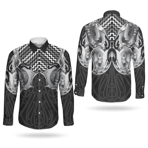 Aotearoa Kowhaiwhai Poutama Black Motif Couples Matching Long Sleeve Bodycon Dress and Long Sleeve Button Shirt
