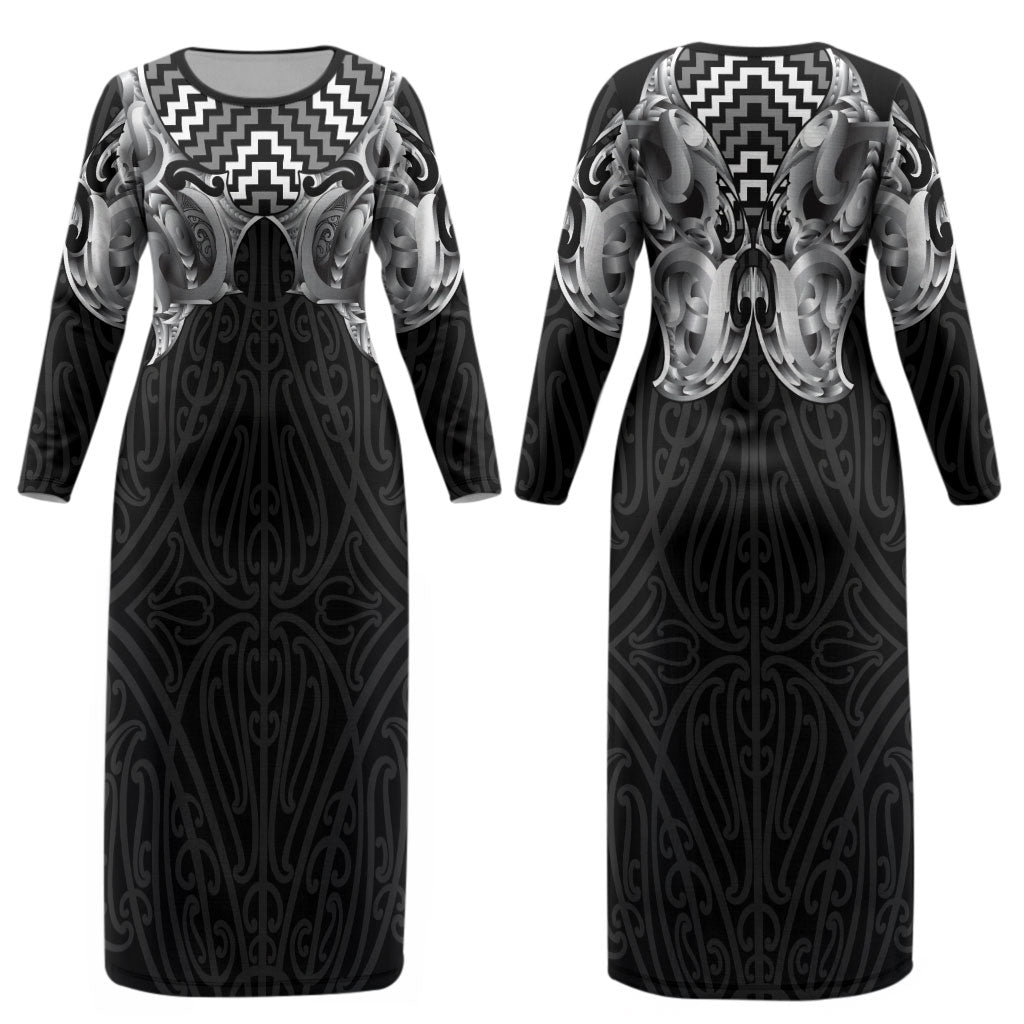 Aotearoa Kowhaiwhai Poutama Black Motif Couples Matching Long Sleeve Bodycon Dress and Long Sleeve Button Shirt