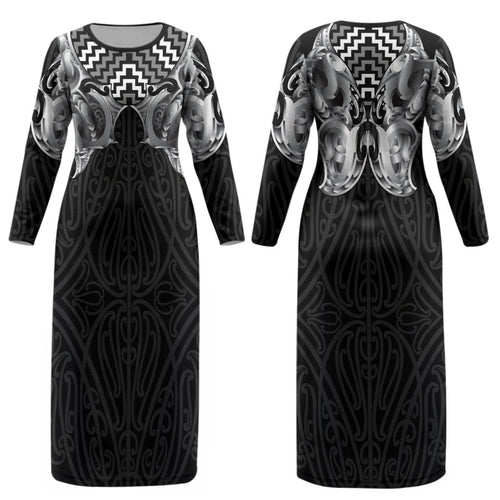 Aotearoa Kowhaiwhai Poutama Black Motif Couples Matching Long Sleeve Bodycon Dress and Long Sleeve Button Shirt