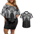 Aotearoa Kowhaiwhai Poutama Black Motif Couples Matching Off Shoulder Short Dress and Hawaiian Shirt